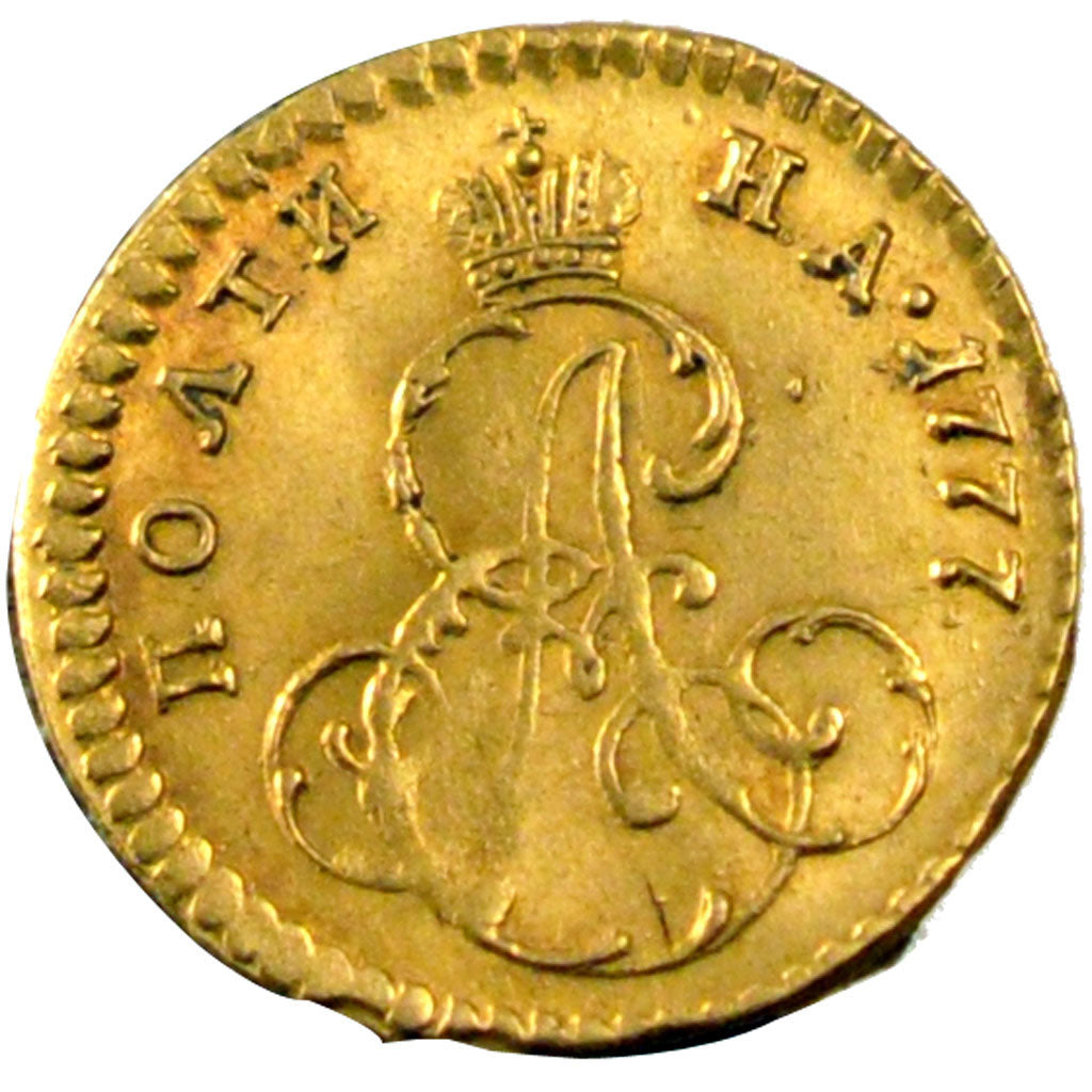 RUSSIA, Poltina, 1/2 Rouble, 1777, St. Petersburg, KM #75, AU(55-58), Gold, 0.70