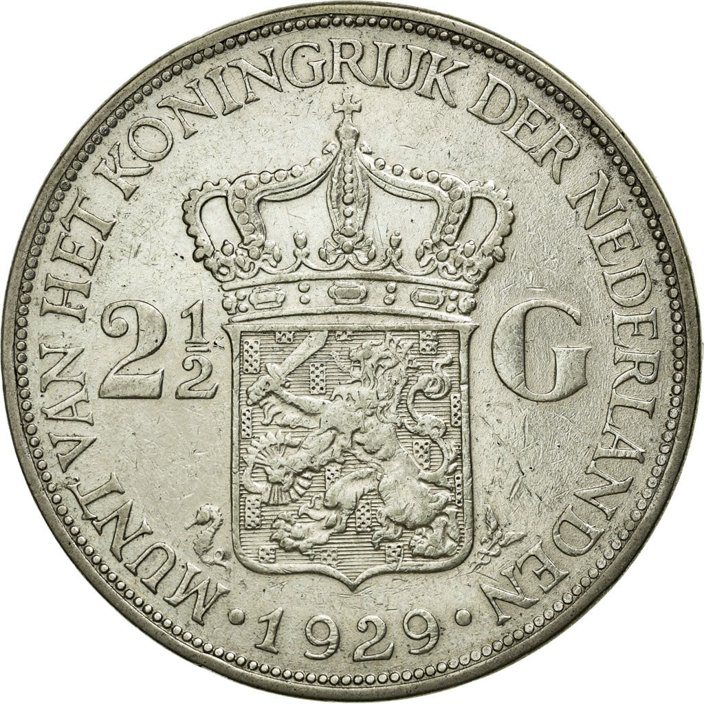 Coin, Netherlands, Wilhelmina I, 2-1/2 Gulden, 1929, VF(30-35), Silver, KM:165