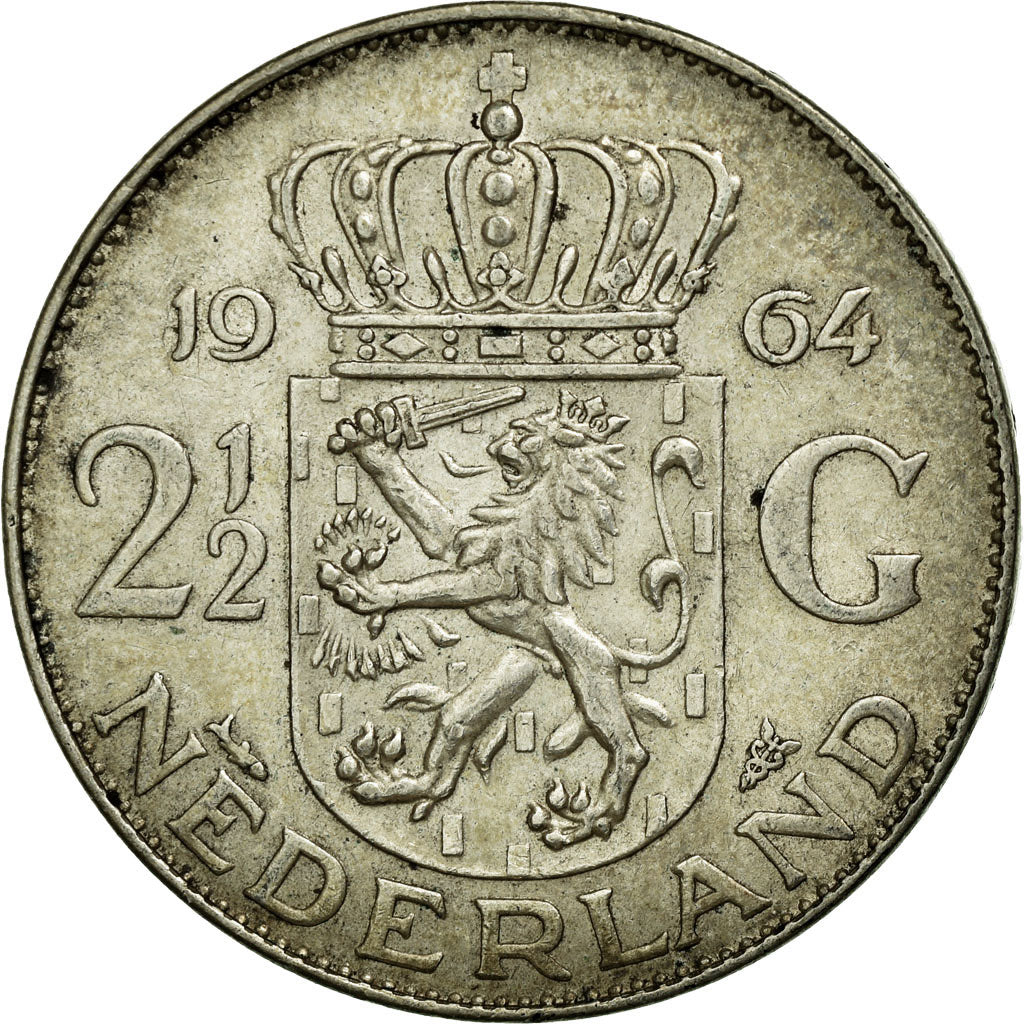 Coin, Netherlands, Juliana, 2-1/2 Gulden, 1964, EF(40-45), Silver, KM:185