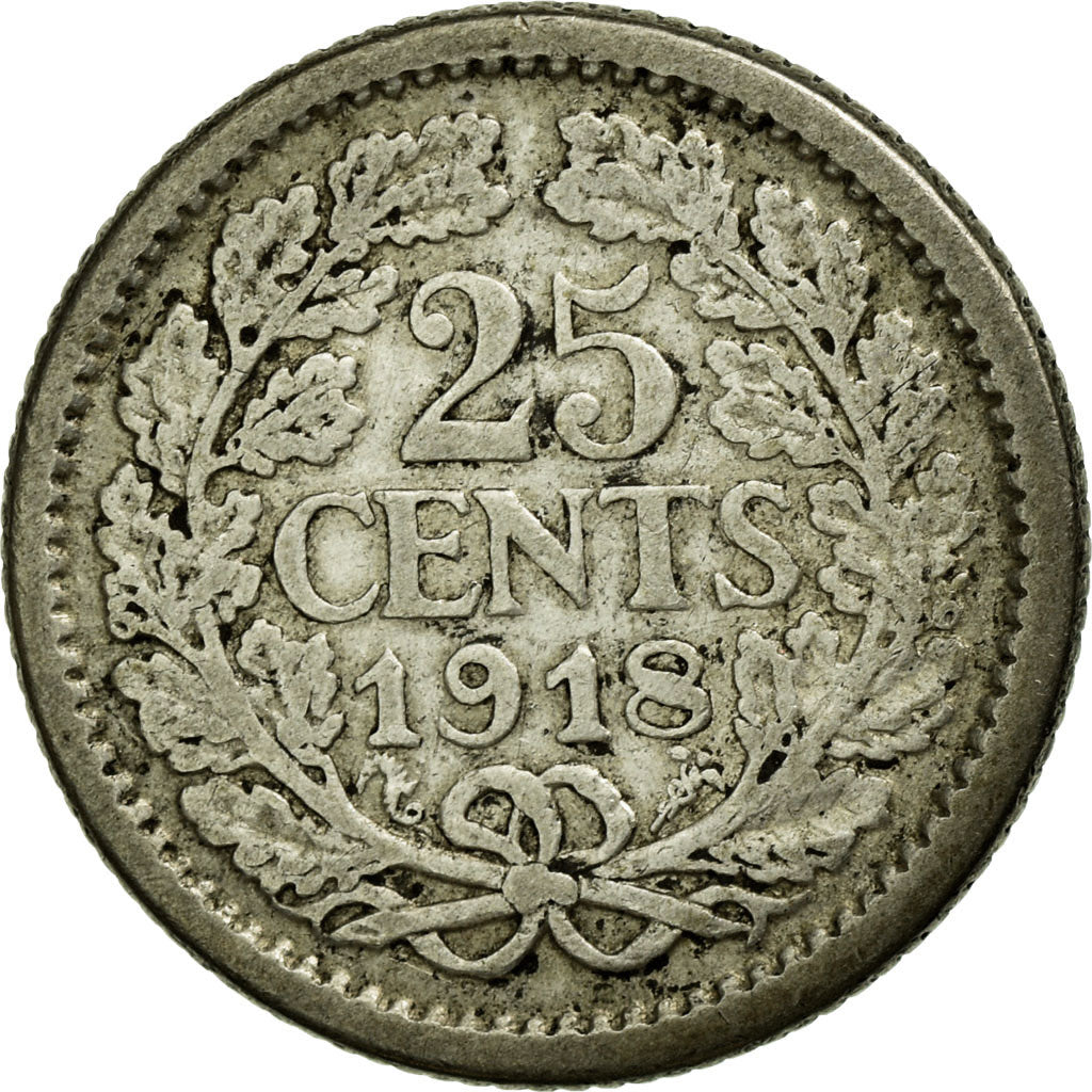 Coin, Netherlands, Wilhelmina I, 25 Cents, 1918, VF(30-35), Silver, KM:146