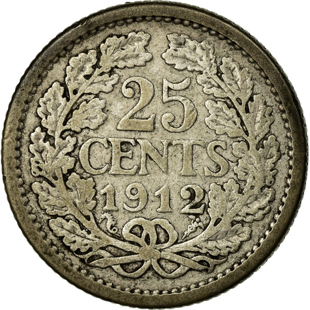 Monnaie, Pays-Bas, Wilhelmina I, 25 Cents, 1912, B+, Argent, KM:146