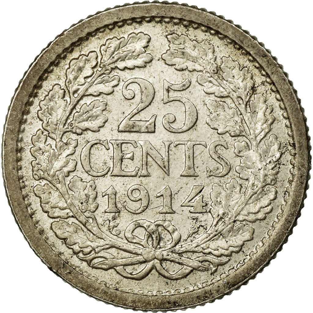 Coin, Netherlands, Wilhelmina I, 25 Cents, 1914, EF(40-45), Silver, KM:146
