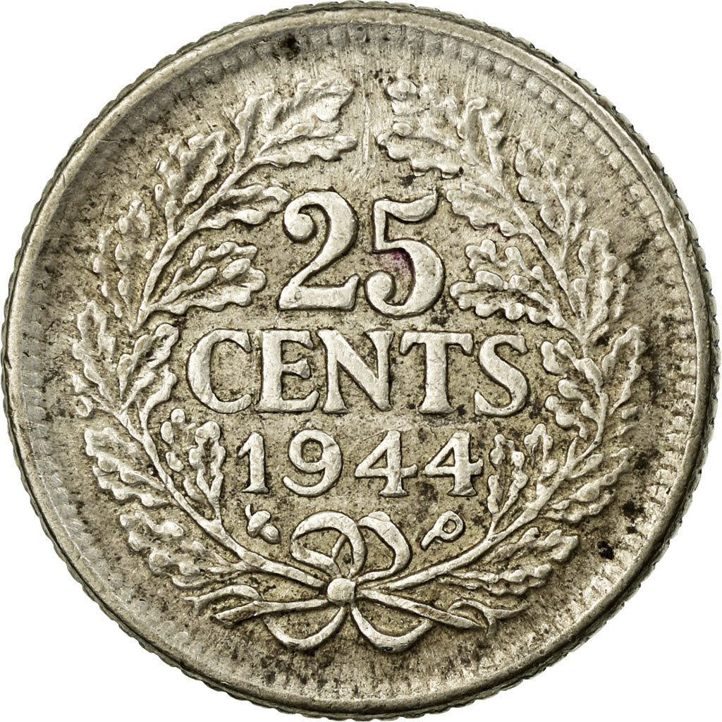 Coin, Netherlands, Wilhelmina I, 25 Cents, 1944, EF(40-45), Silver, KM:164