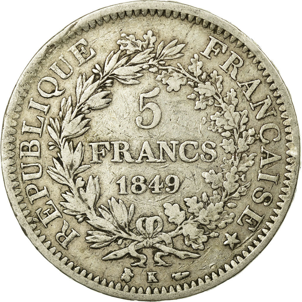 Moneta, Francia, Hercule, 5 Francs, 1849, Bordeaux, BB, Argento, KM:756.4