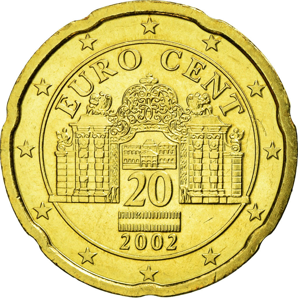 Áustria, 20 Euro Cent, 2002, AU(55-58), Latão, KM:3086