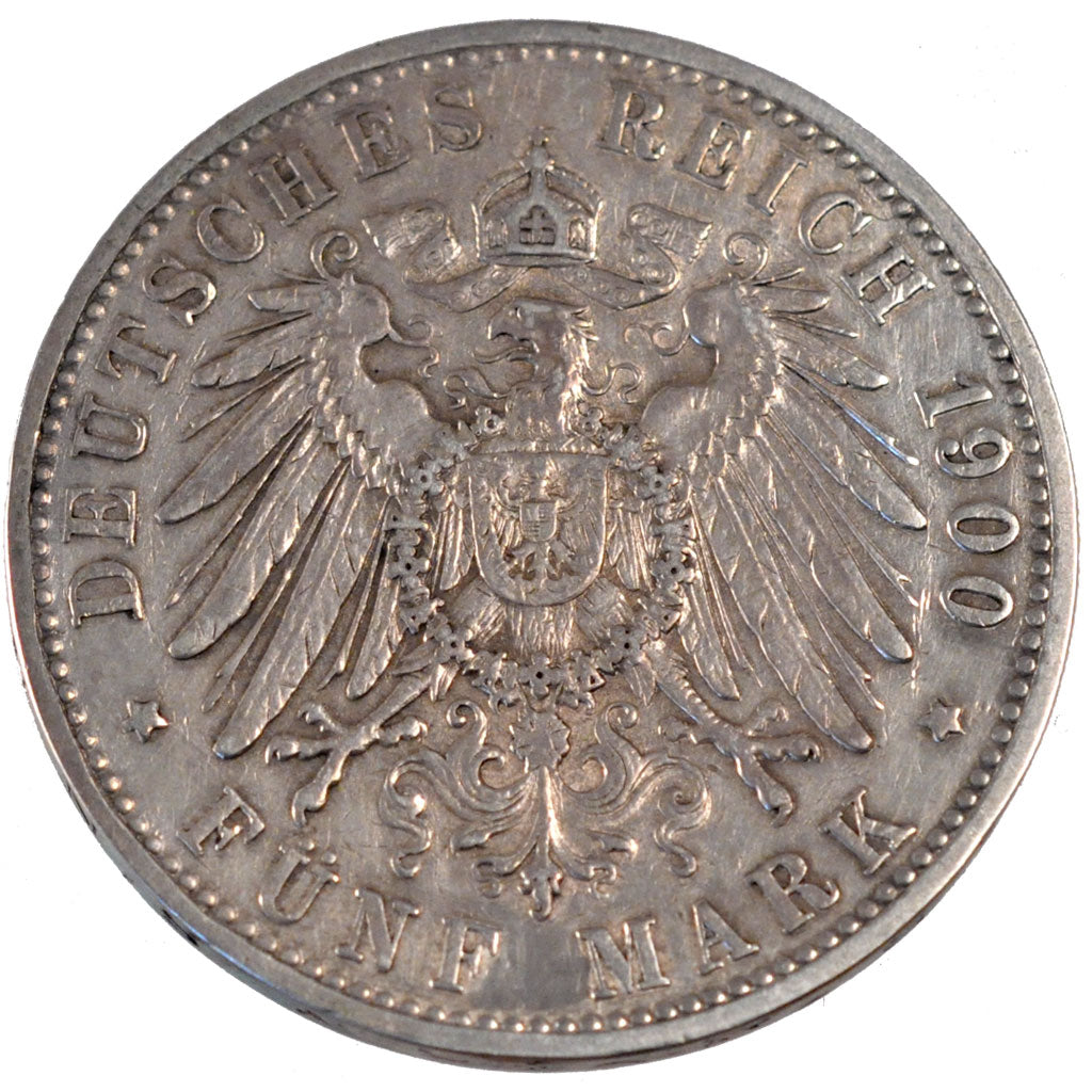 GERMAN STATES, 5 Mark, 1900, Hamburg, KM #610, EF(40-45), Silver, 38, 27.68