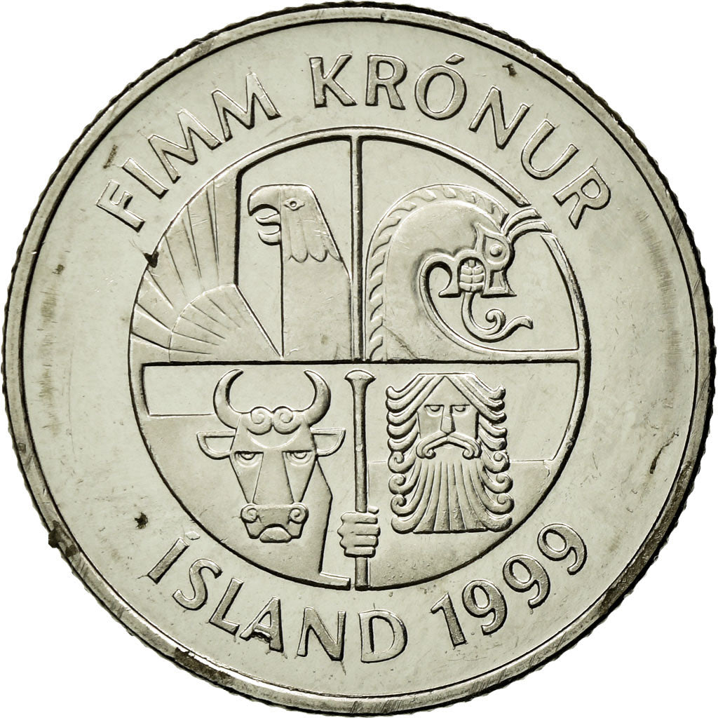 Coin, Iceland, 5 Kronur, 1999, EF(40-45), Nickel plated steel, KM:28a
