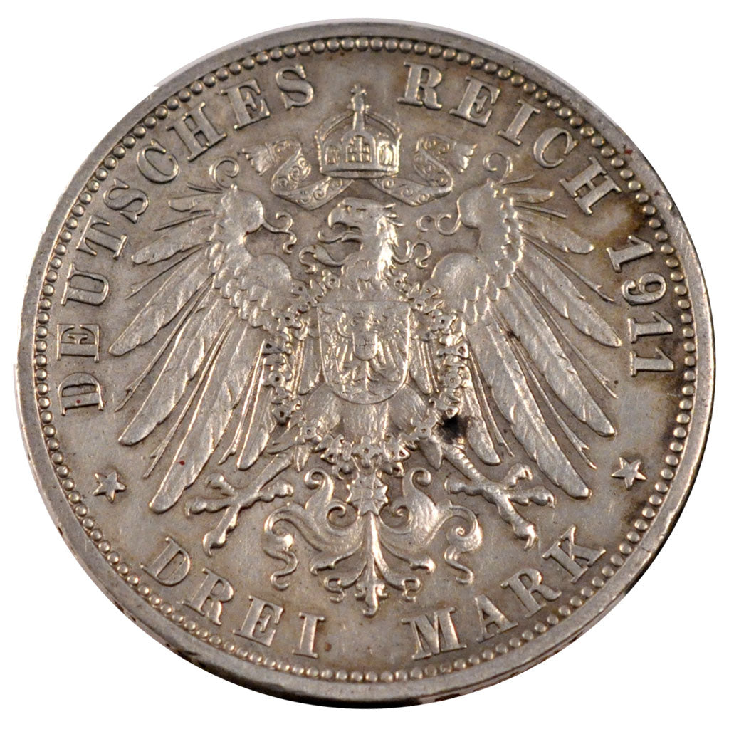 Stati tedeschi, WURTTEMBERG, Wilhelm II, 3 Mark, 1911, Freudenstadt, BB+, Arg...