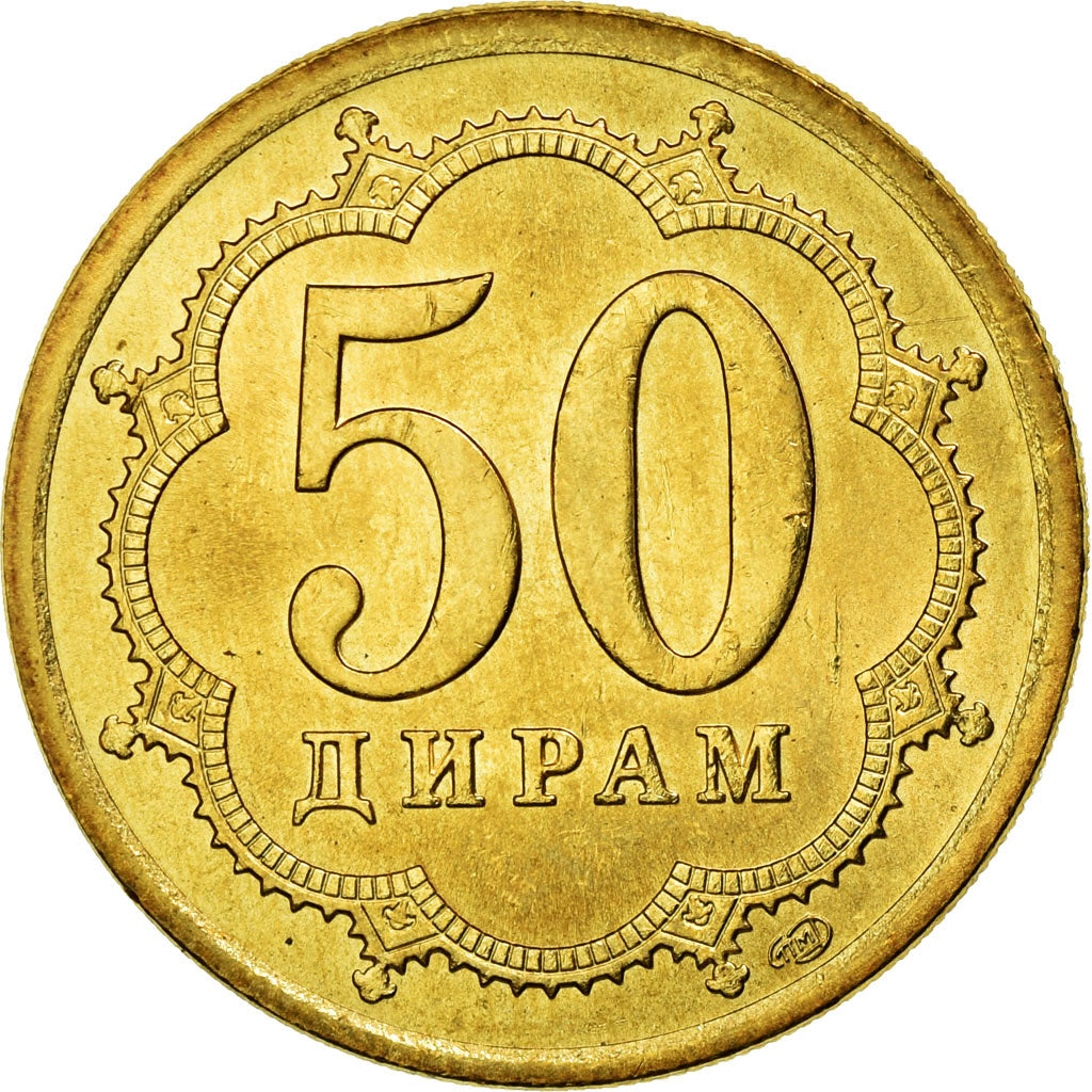 Moeda, Tajiquistão, 50 Drams, 2006, St. Petersburg, AU(55-58), Latão, KM:6.2