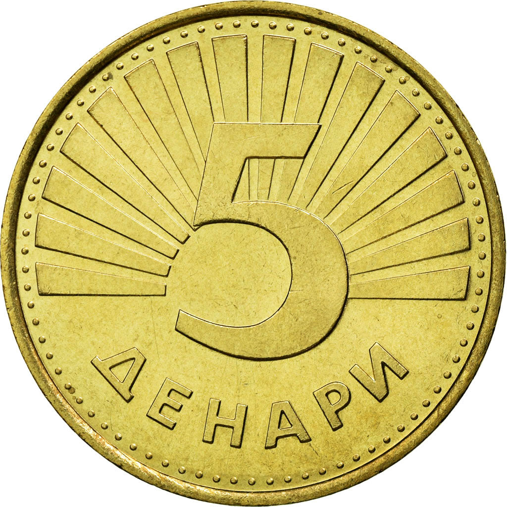Coin, Macedonia, European lynx, 5 Denari, 2001, MS(63), Brass, KM:4
