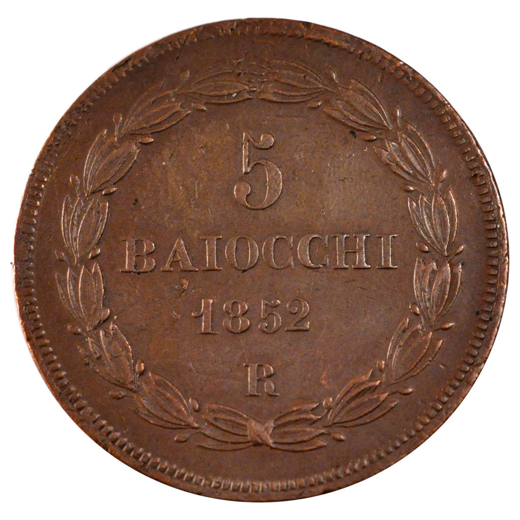 ITALIAN STATES, 5 Baiocchi, 1852, Roma, KM #1356, AU(50-53), Copper, 41.68