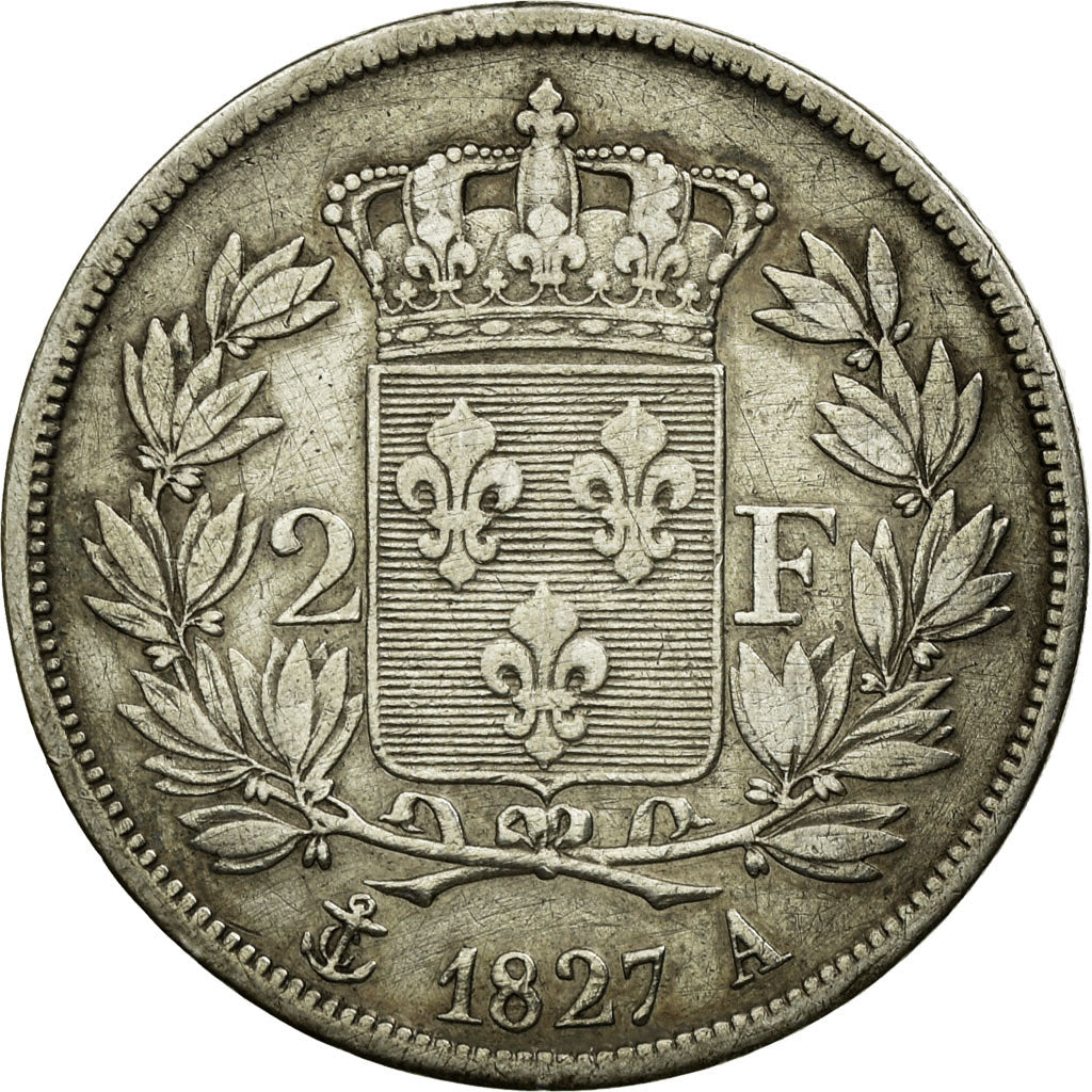 Moneta, Francia, Charles X, 2 Francs, 1827, Paris, MB+, Argento, KM:725.1