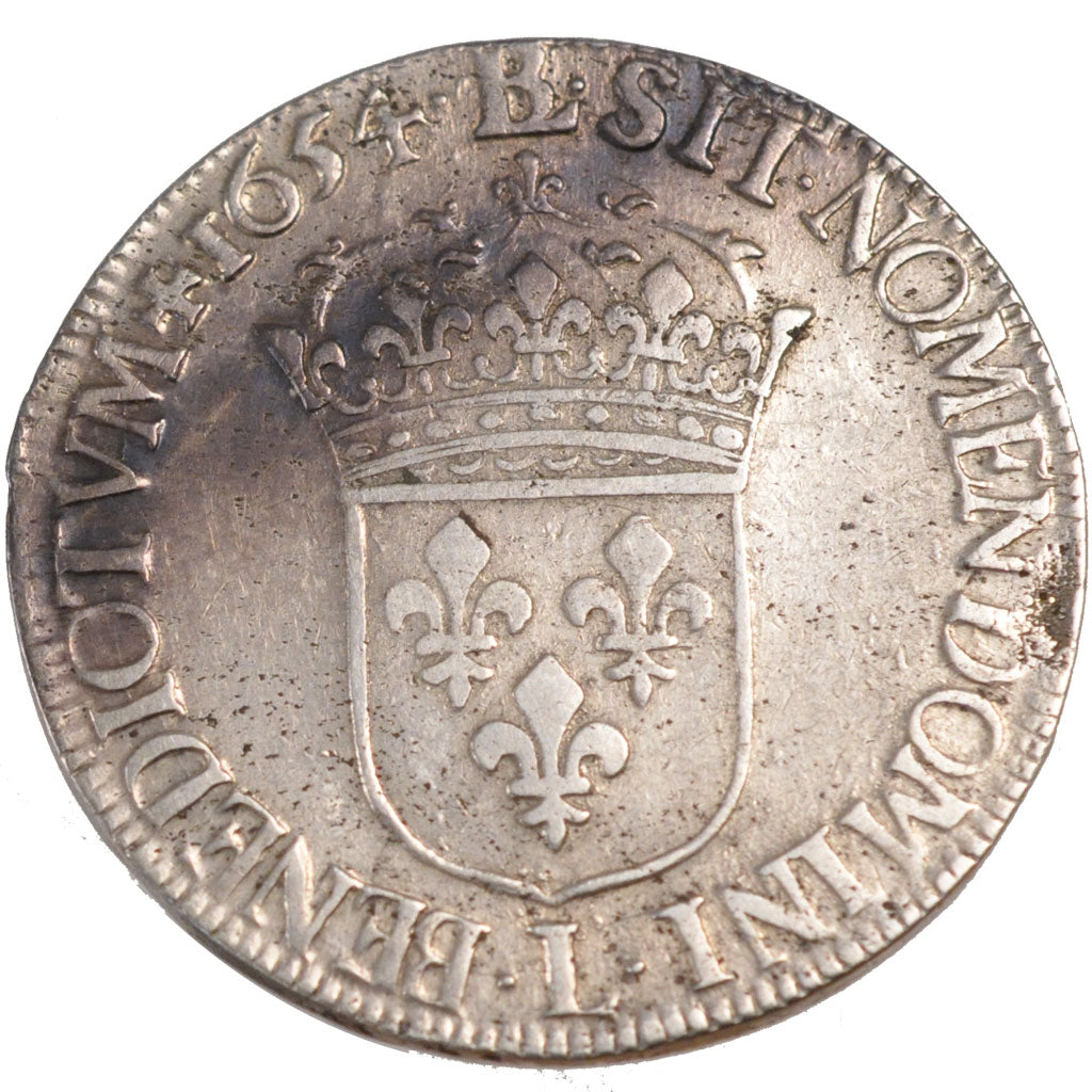 FRANCE, Écu à la mèche longue, ECU, 1654, Bayonne, KM #155.10, VF(20-25), Silver