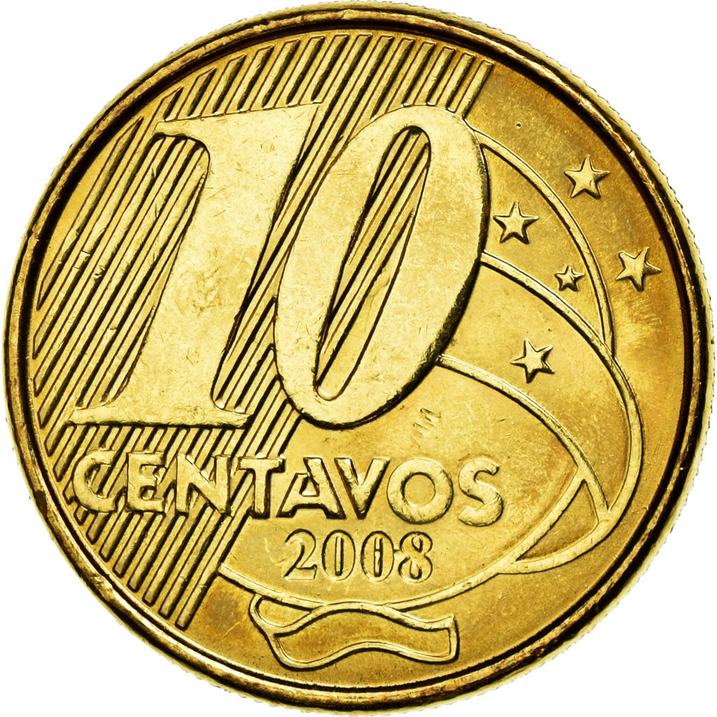 Coin, Brazil, 10 Centavos, 2008, MS(63), Bronze Plated Steel, KM:649.2