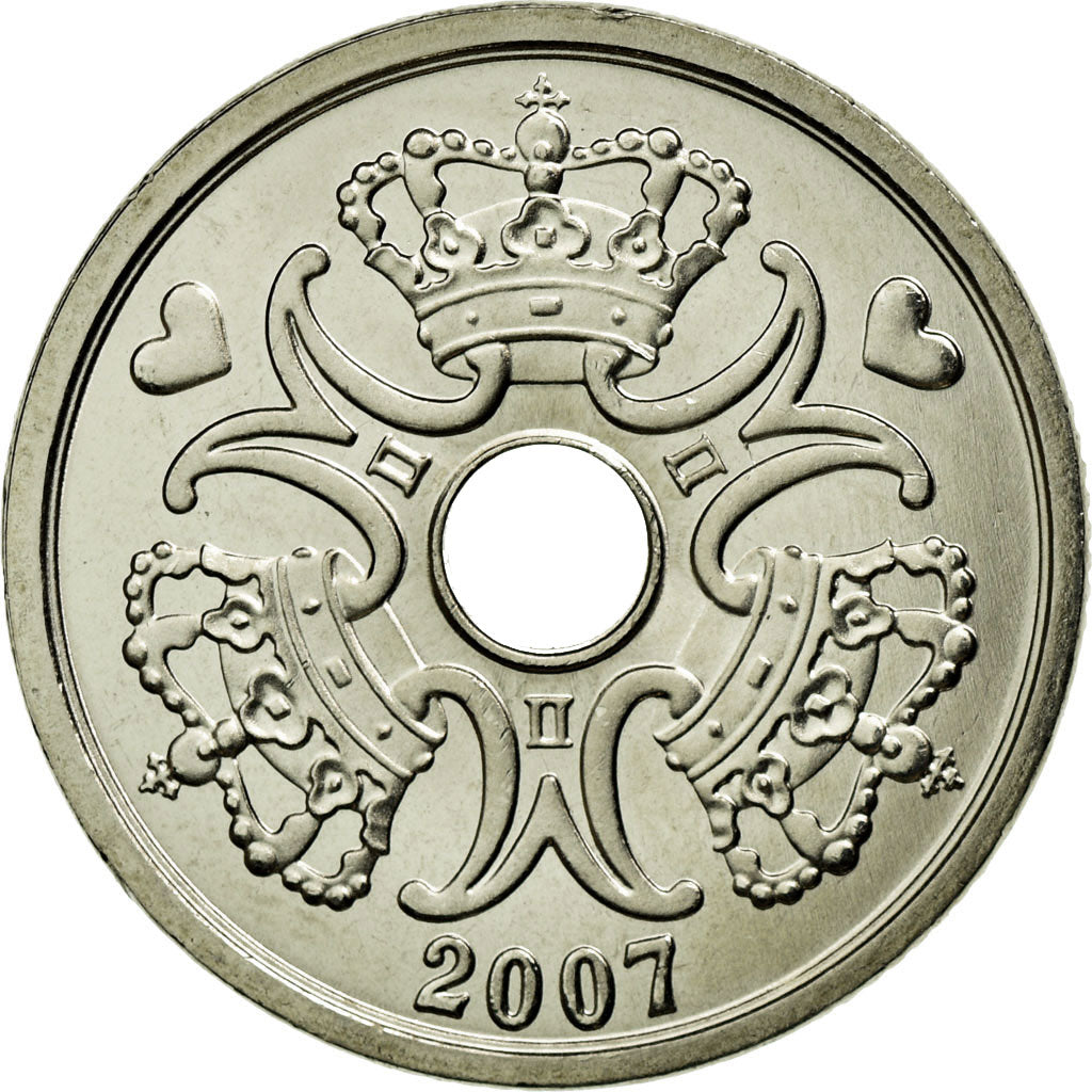 Moeda, Dinamarca, Margrethe II, 2 Kroner, 2007, Brondby, MS(63), Cobre-níquel