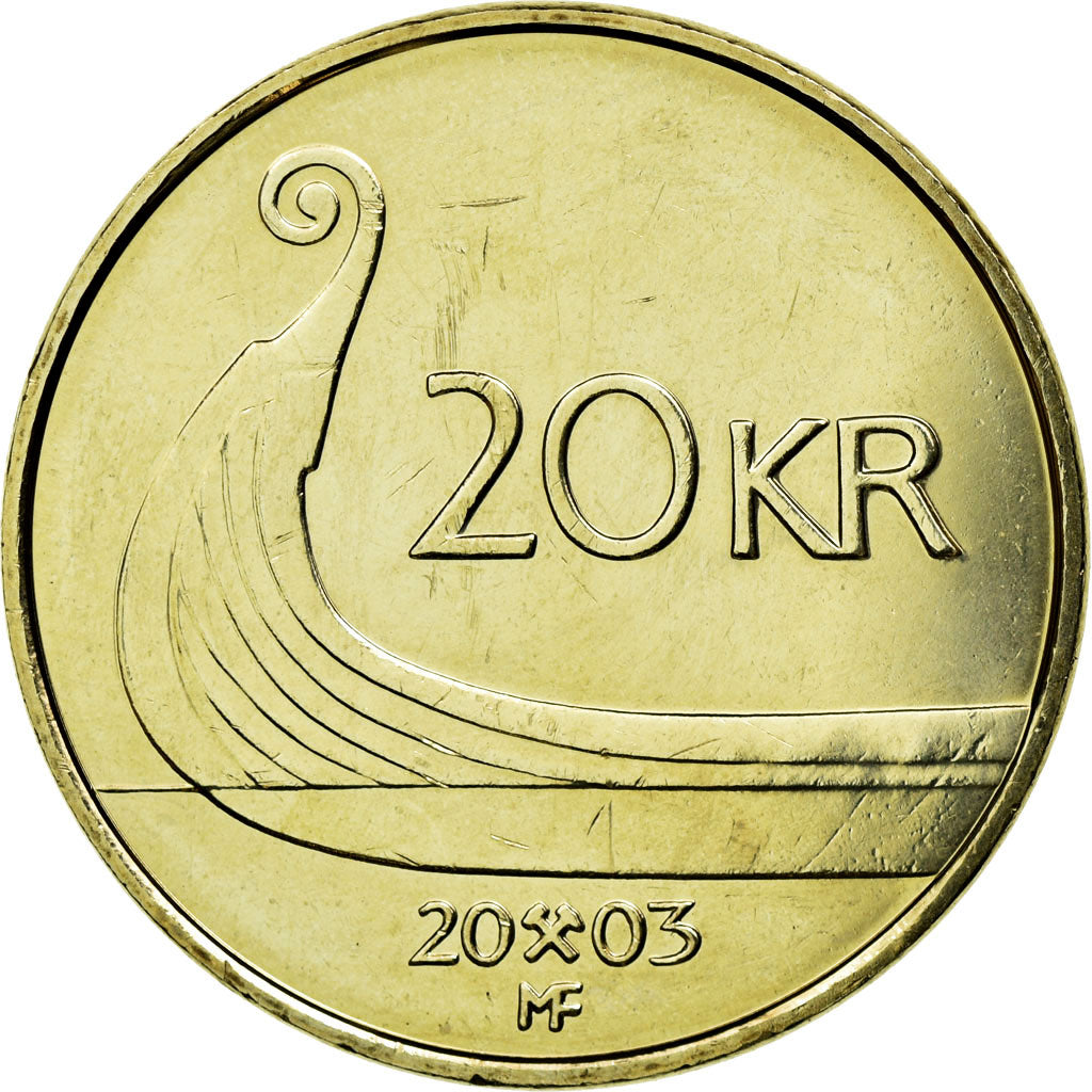 Moneta, Norwegia, Harald V, 20 Kroner, 2003, AU(50-53), Mosiądz niklowy, KM:453