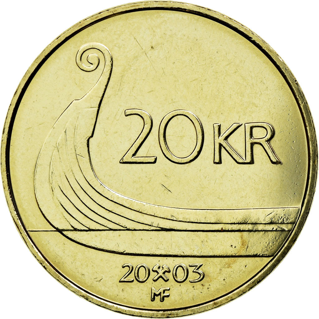 Coin, Norway, Harald V, 20 Kroner, 2003, AU(50-53), Nickel-brass, KM:453