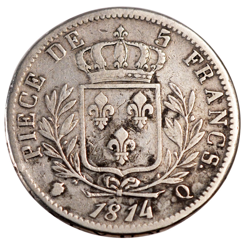 FRANCE, Louis XVIII, 5 Francs, 1814, Perpignan, KM #702.11, VF(20-25), Silver,..