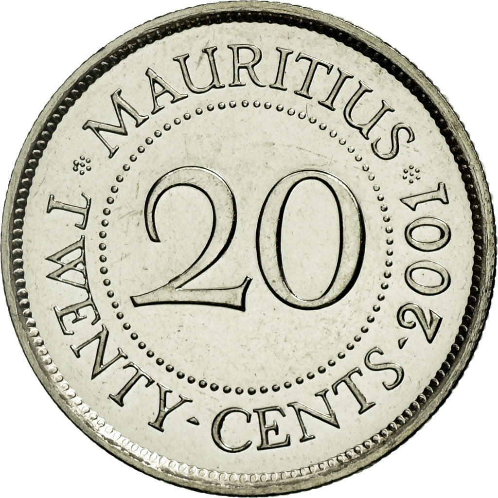 Coin, Mauritius, 20 Cents, 2001, MS(63), Nickel plated steel, KM:53