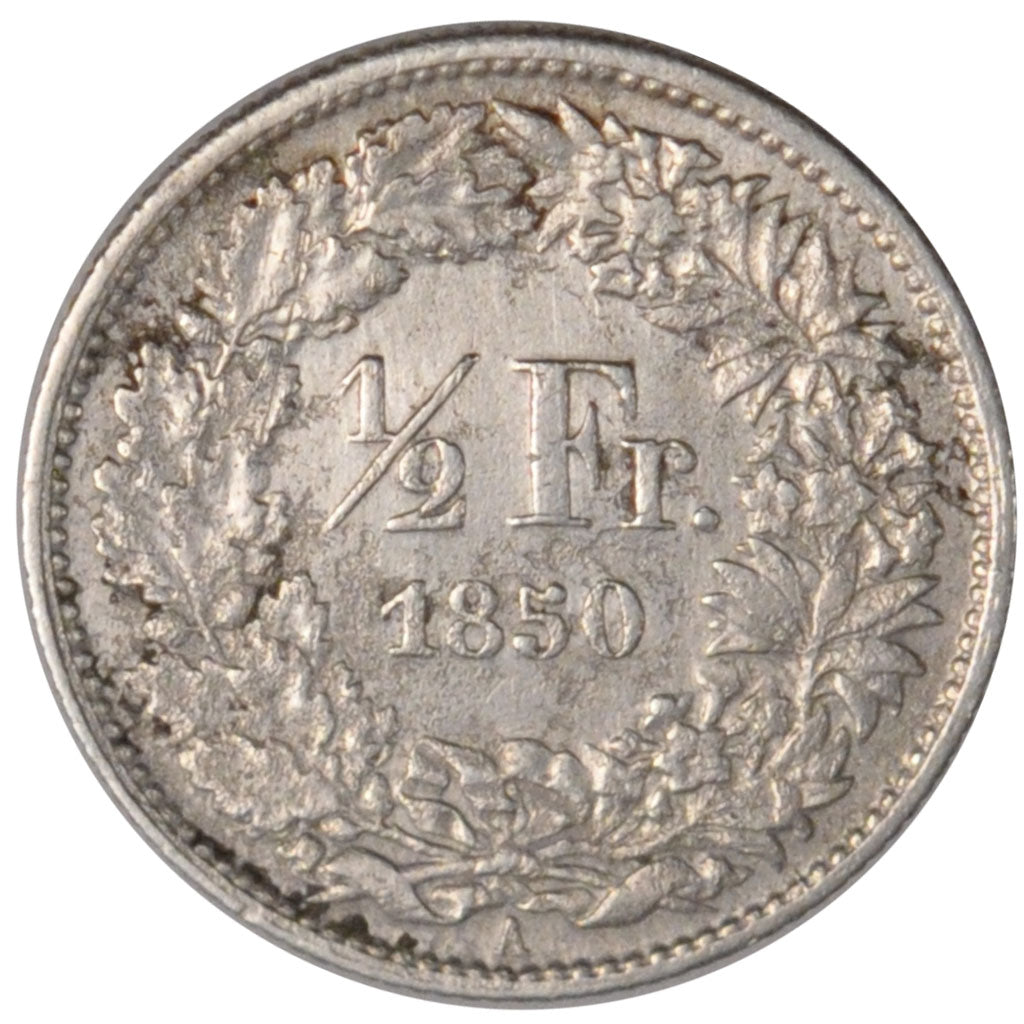 SWITZERLAND, 1/2 Franc, 1850, Paris, KM #8, EF(40-45), Silver, 2.45