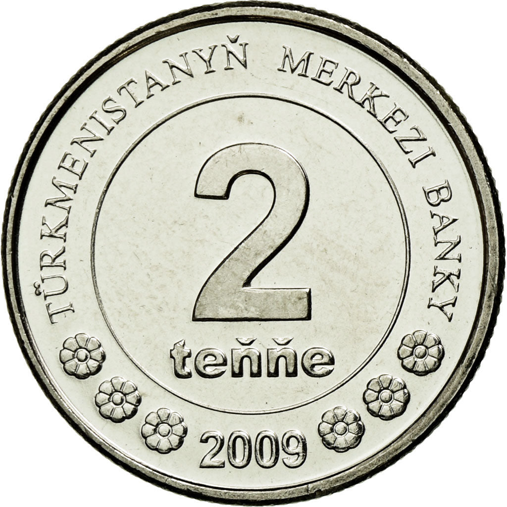 Moeda, Turquemenistão, 2 Tenge, 2009, AU(55-58), Aço Niquelado, KM:96