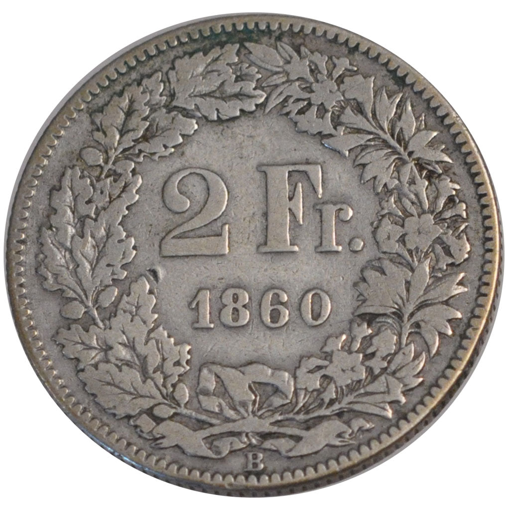 SWITZERLAND, 2 Francs, 1860, Bern, KM #10a, VF(20-25), Silver, 9.65
