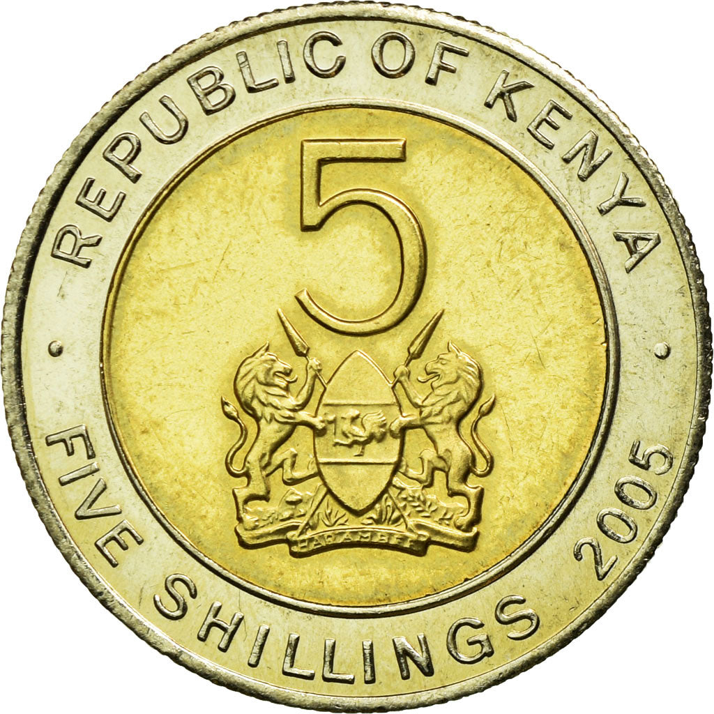Monnaie, Kenya, 5 Shillings, 2005, British Royal Mint, TTB, Bi-Metallic, KM:37.1