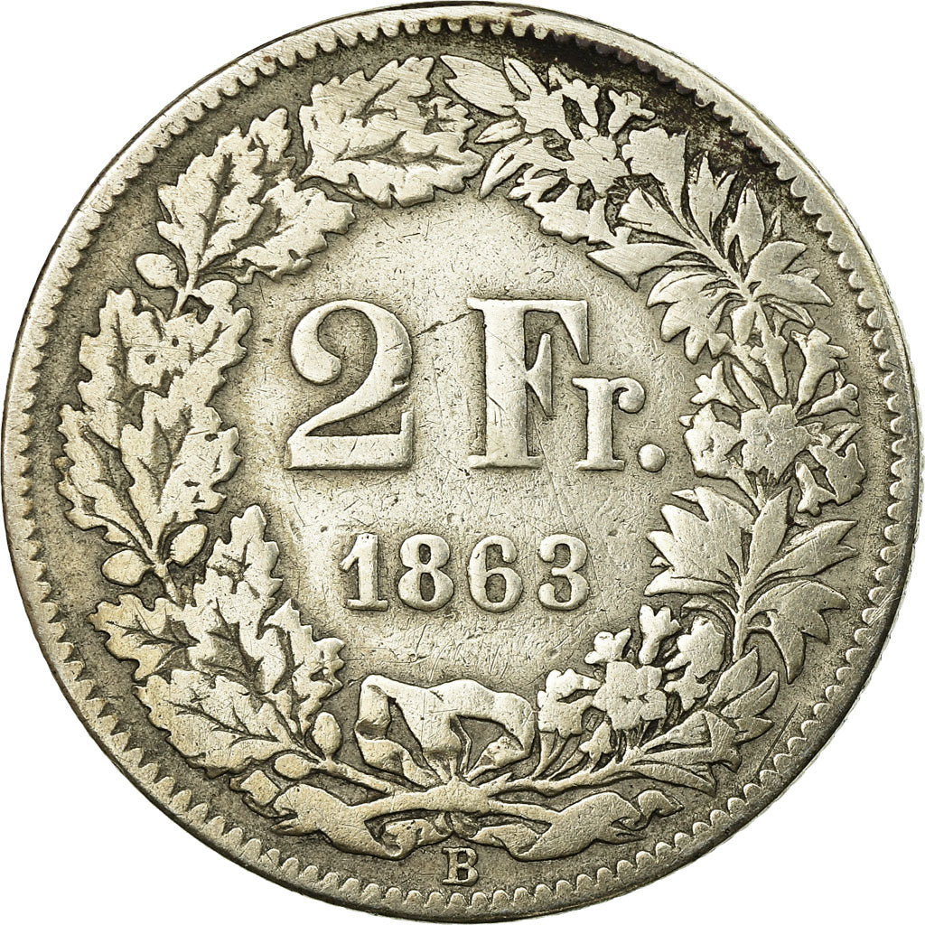 Coin, Switzerland, 2 Francs, 1863, Bern, VF(20-25), Silver, KM:10a