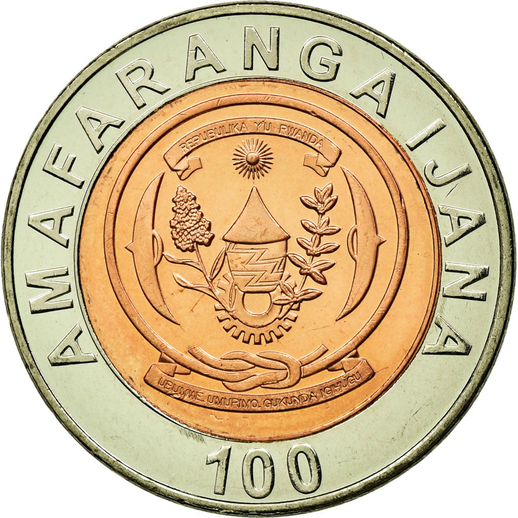 Coin, Rwanda, 100 Francs, 2007, British Royal Mint, AU(50-53), Bi-Metallic