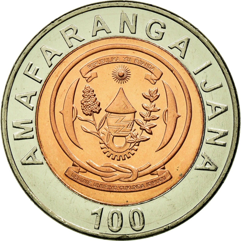 Coin, Rwanda, 100 Francs, 2007, British Royal Mint, AU(50-53), Bi-Metallic