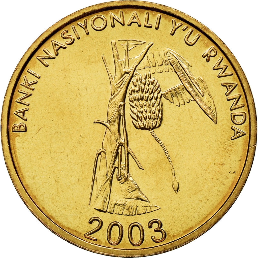 Moneta, Ruanda, 10 Francs, 2003, BB+, Acciaio placcato ottone, KM:24