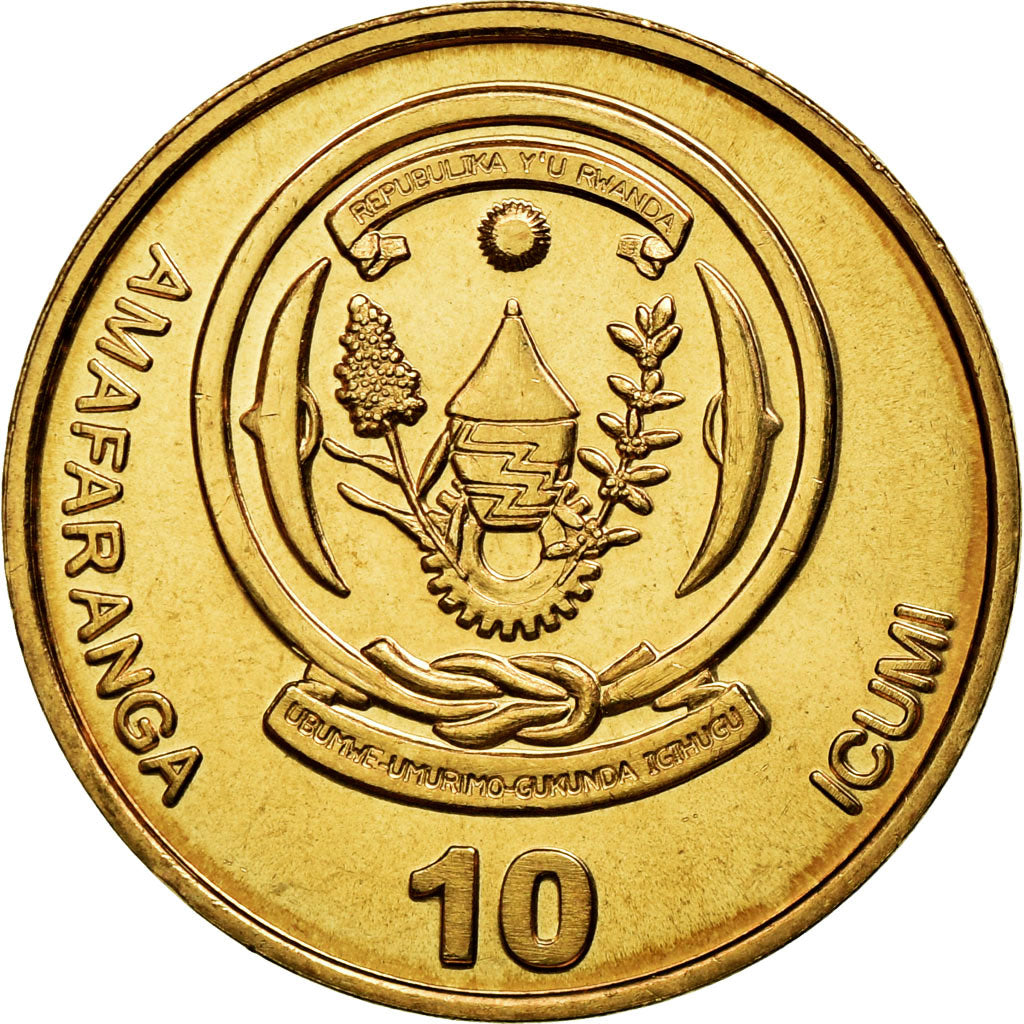 Moneta, Ruanda, 10 Francs, 2003, BB+, Acciaio placcato ottone, KM:24