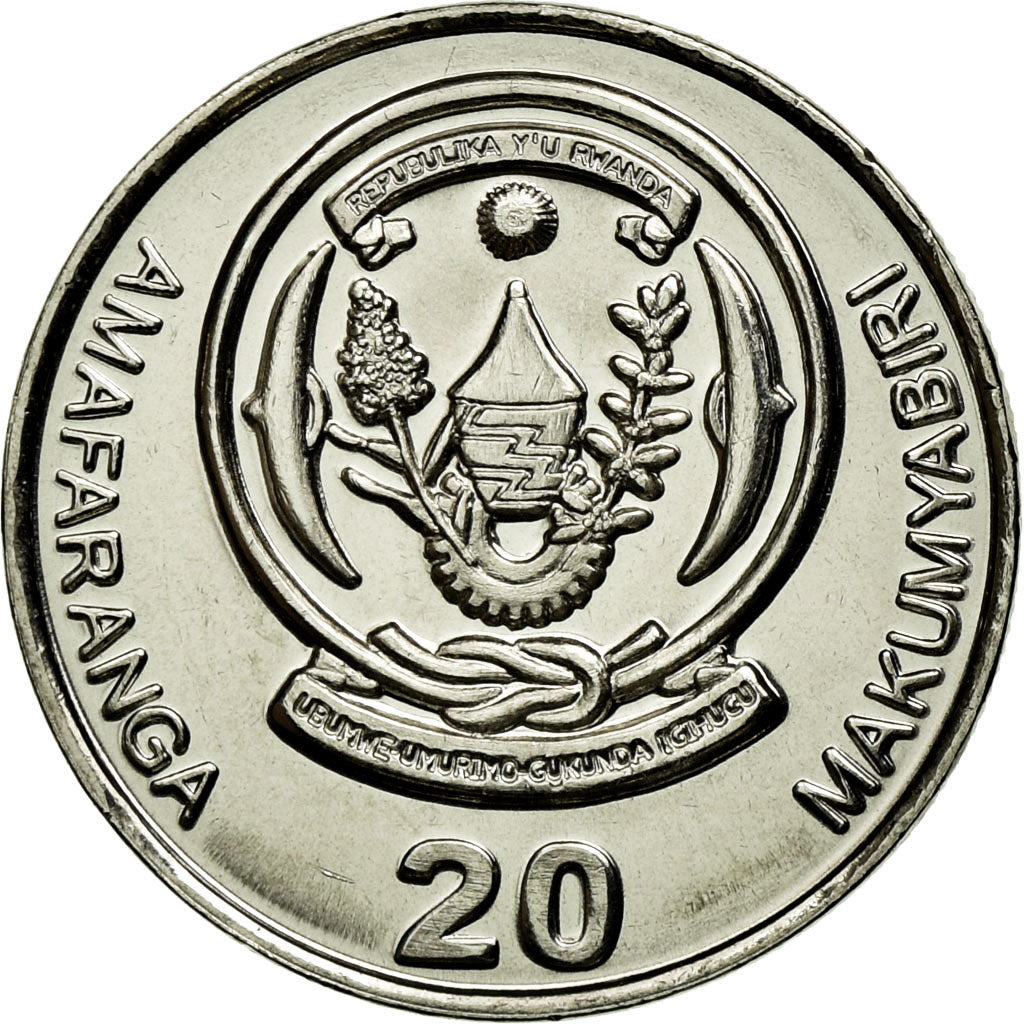 Moneta, Ruanda, 20 Francs, 2003, MS(63), Nickel platerowany stalą, KM:25