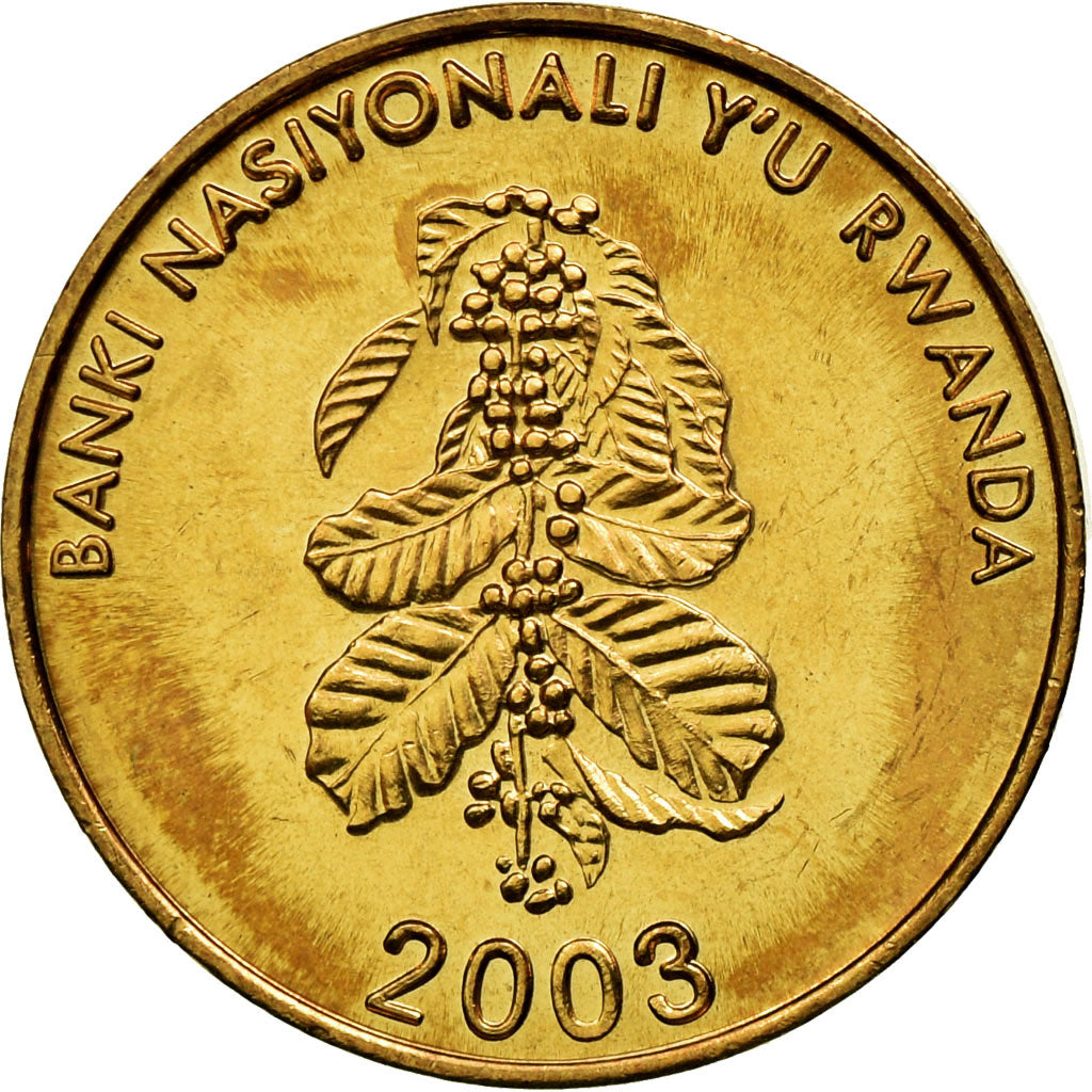 Moneta, Ruanda, 5 Francs, 2003, AU(55-58), Mosiądz platerowany stalą, KM:23