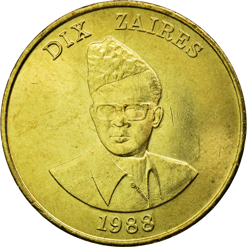 Moneda, Zaire, 10 Zaïres, 1988, MBC, Latón, KM:19