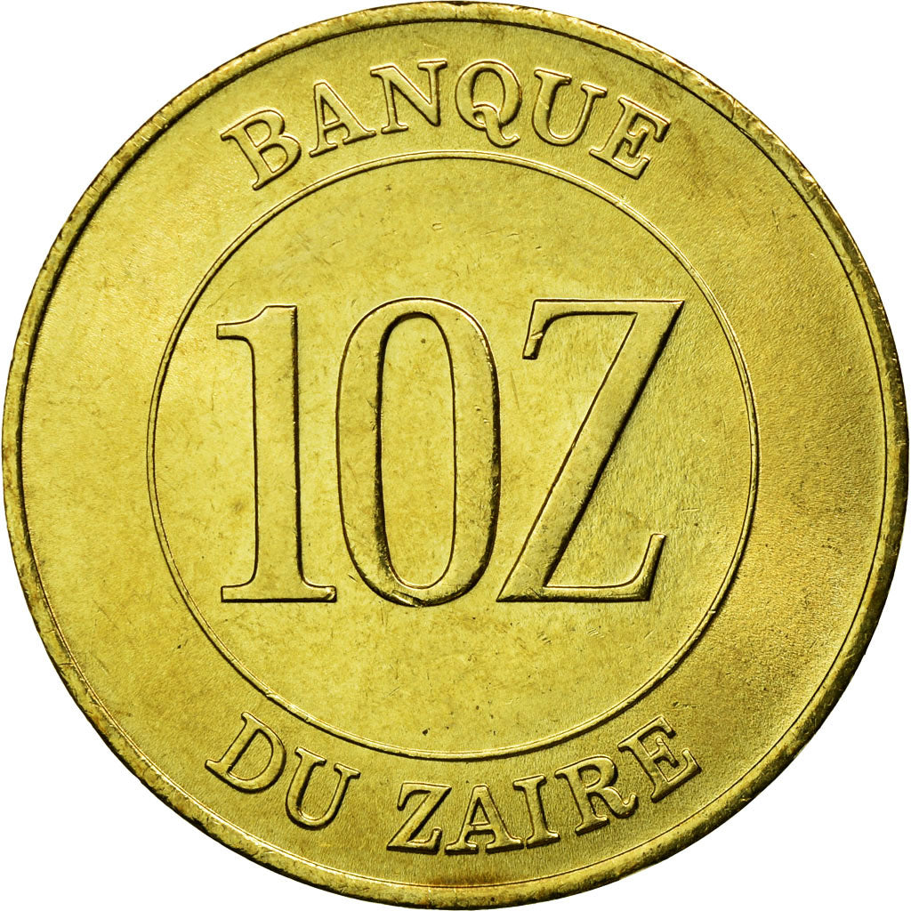 Moneda, Zaire, 10 Zaïres, 1988, MBC, Latón, KM:19