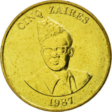 Moneda, Zaire, 5 Zaïres, 1987, MBC, Latón, KM:14