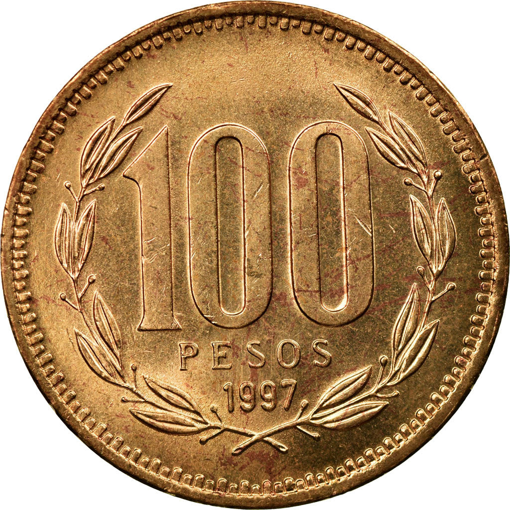 Coin, Chile, 100 Pesos, 1997, Santiago, AU(50-53), Aluminum-Bronze, KM:226.2