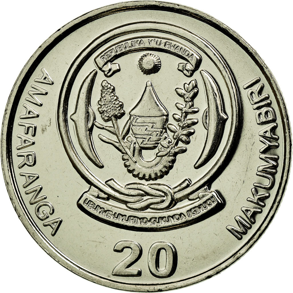 Coin, Rwanda, 20 Francs, 2003, MS(63), Nickel plated steel, KM:25