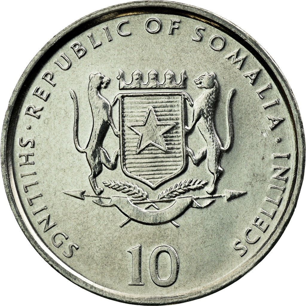 Coin, Somalia, 10 Shillings / Scellini, 2002, MS(63), Aluminum, KM:46
