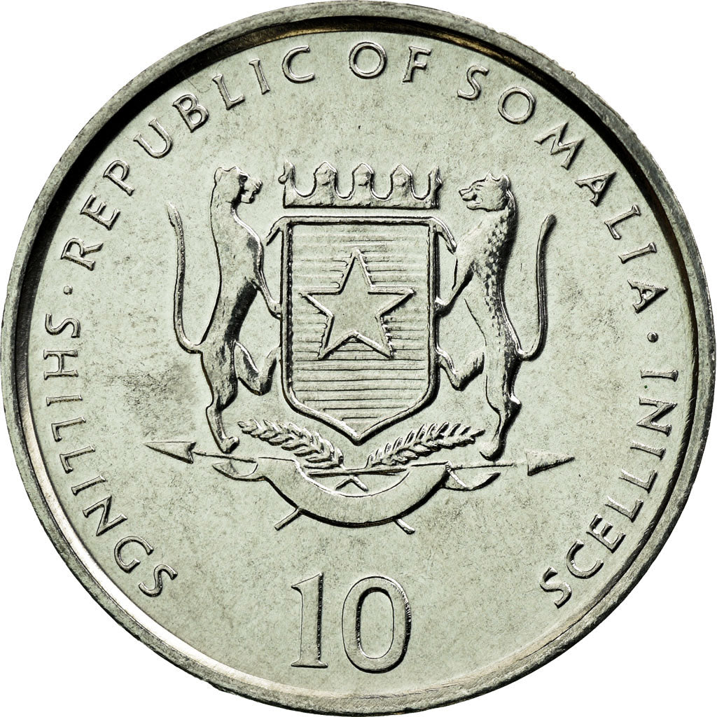 Coin, Somalia, 10 Shillings / Scellini, 2002, MS(63), Aluminum, KM:46