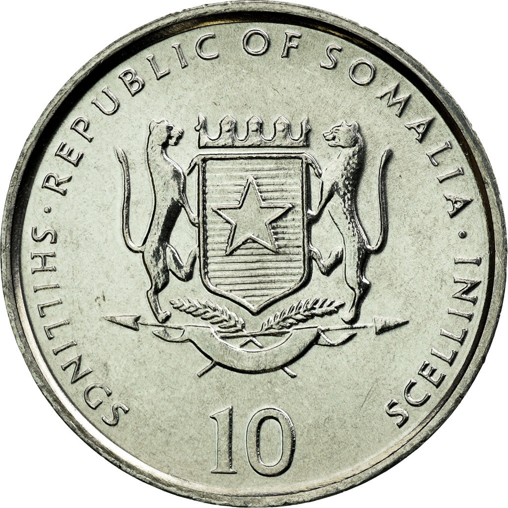 Coin, Somalia, 10 Shillings / Scellini, 2002, MS(63), Aluminum, KM:46