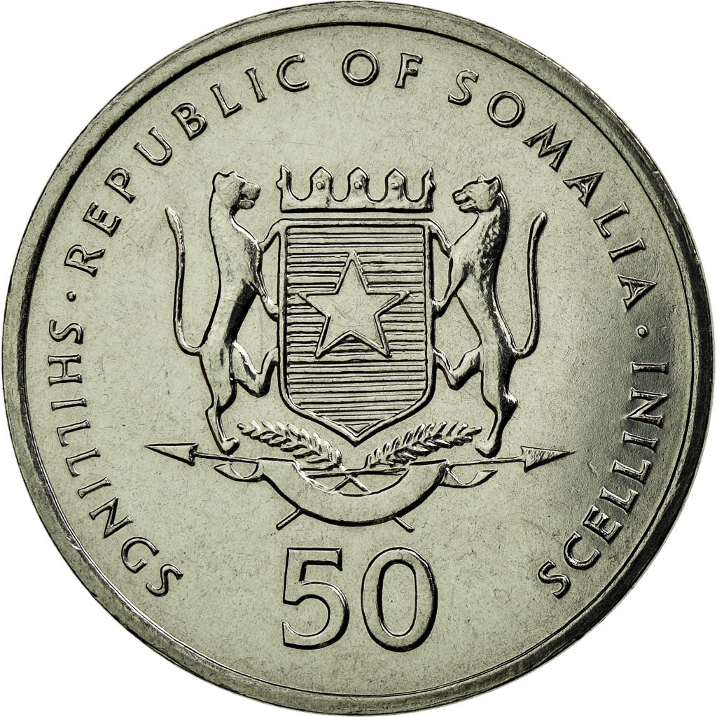 Coin, Somalia, 50 Shillings, 2002, AU(55-58), Nickel Clad Steel, KM:111