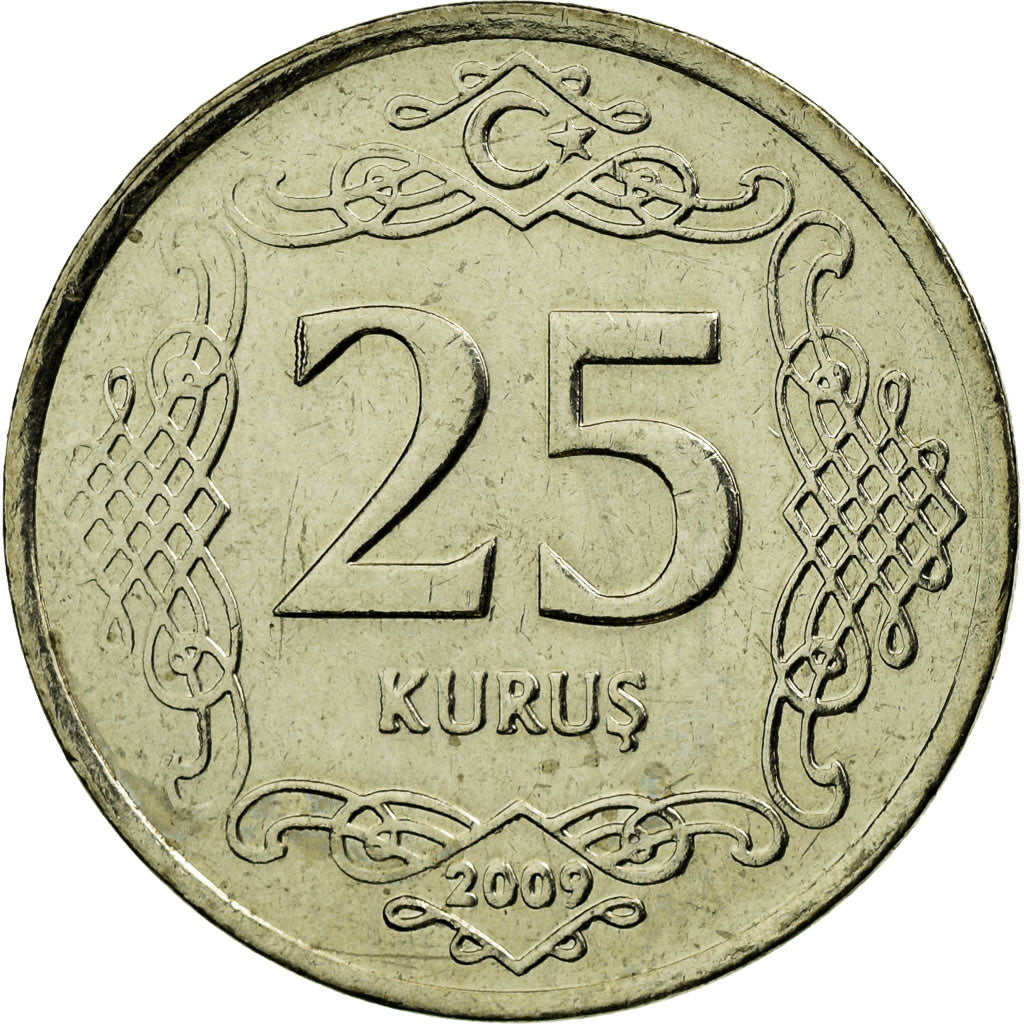 Coin, Turkey, 25 Kurus, 2009, AU(55-58), Copper-nickel, KM:1242
