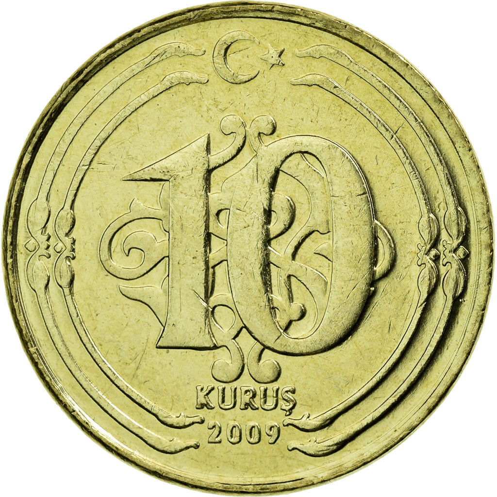 Coin, Turkey, 10 Kurus, 2009, AU(55-58), Brass, KM:1241