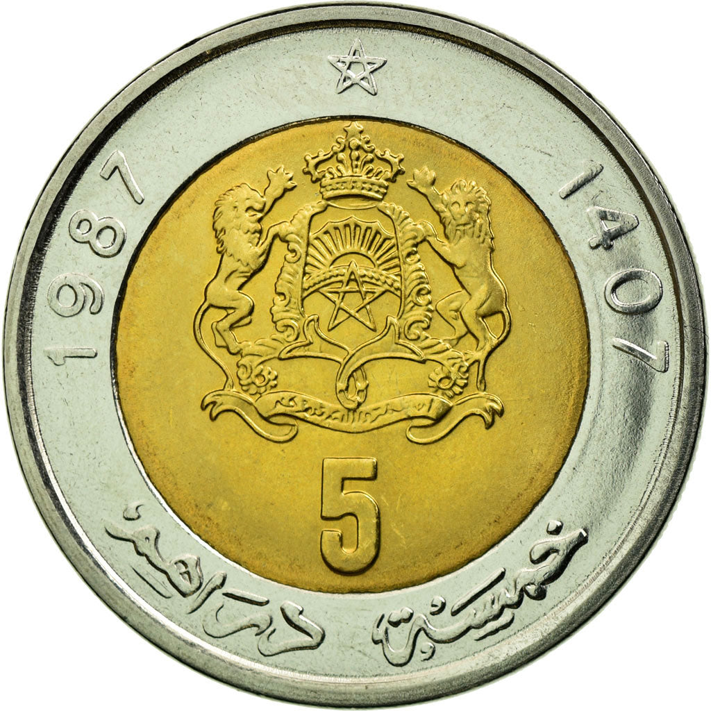 Coin, Morocco, al-Hassan II, 5 Dirhams, 1987, MS(63), Bi-Metallic, KM:82