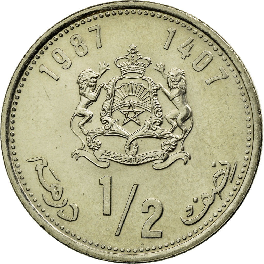 Coin, Morocco, al-Hassan II, 1/2 Dirham, 1987, Paris, AU(55-58), Copper-nickel