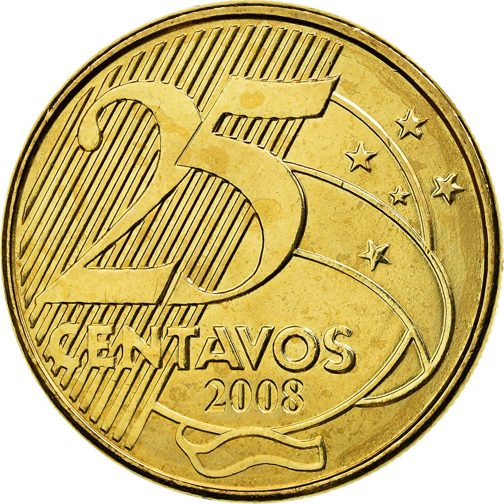 Coin, Brazil, 25 Centavos, 2008, MS(63), Bronze Plated Steel, KM:650