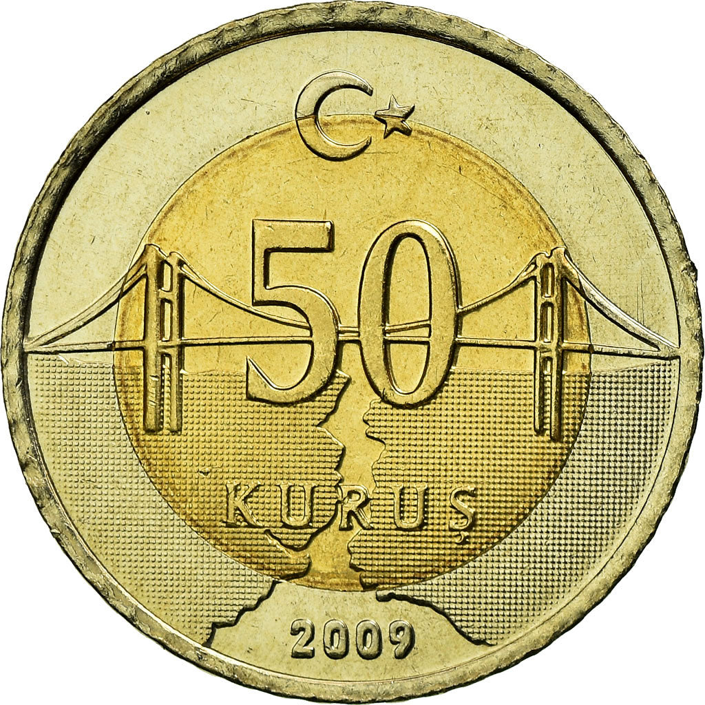 Coin, Turkey, 50 Kurus, 2009, AU(55-58), Bi-Metallic, KM:1243
