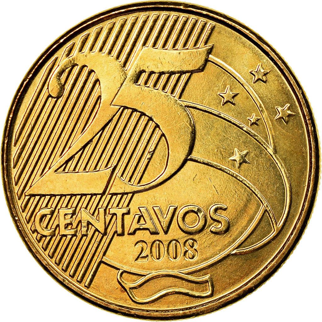Coin, Brazil, 25 Centavos, 2008, AU(55-58), Bronze Plated Steel, KM:650